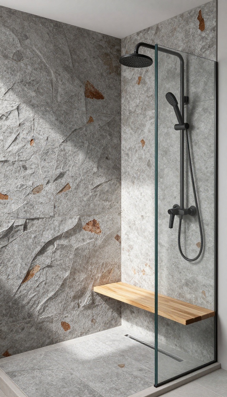 Slate gray natural cleft stone tile shower with textured walls and floor in bright daylight