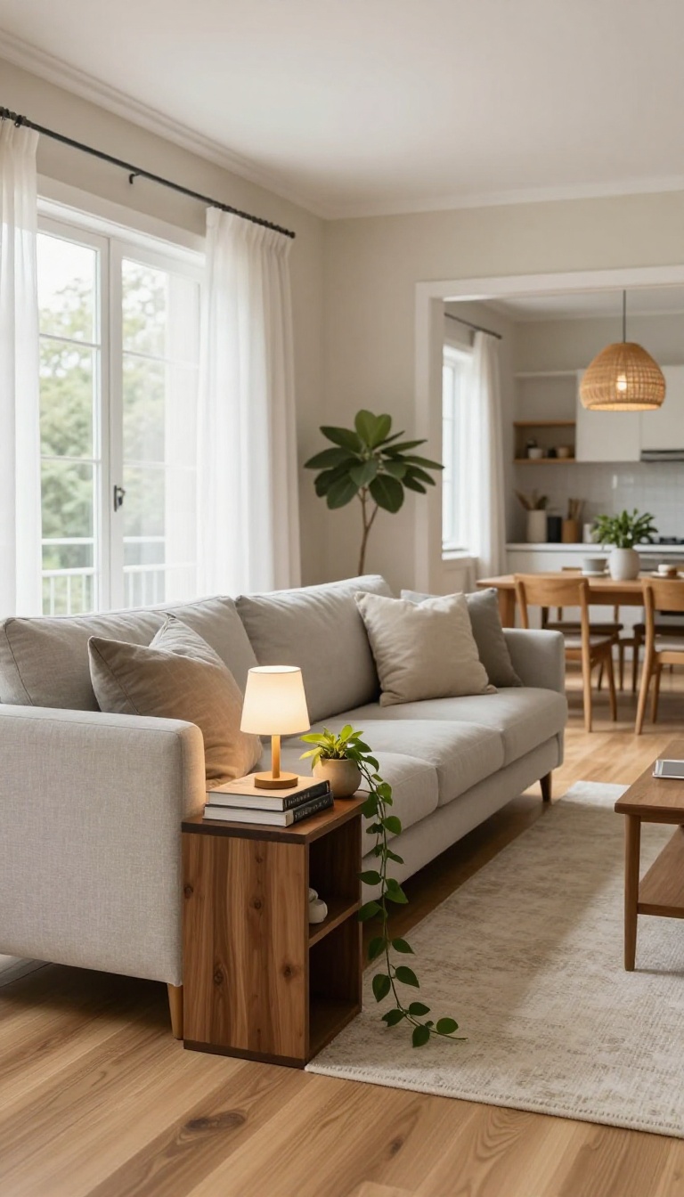 Bright open concept living room with a slim wood console table placed flush behind a low-backed gray sofa, styled with a lamp, books, plant, and mug, with a dining area visible beyond