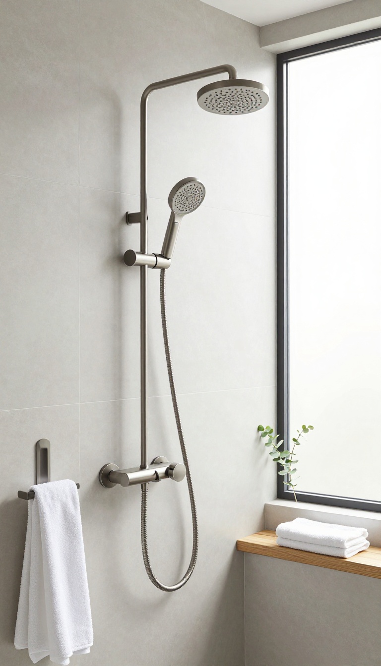 Modern walk-in shower with a handheld showerhead on a brushed nickel slide bar mounted to gray tile in a bright bathroom