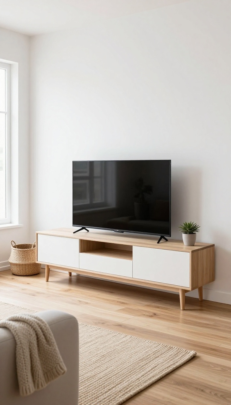 Bright Scandinavian living room with a pale light oak TV stand with drawers and tapered legs against a white wall
