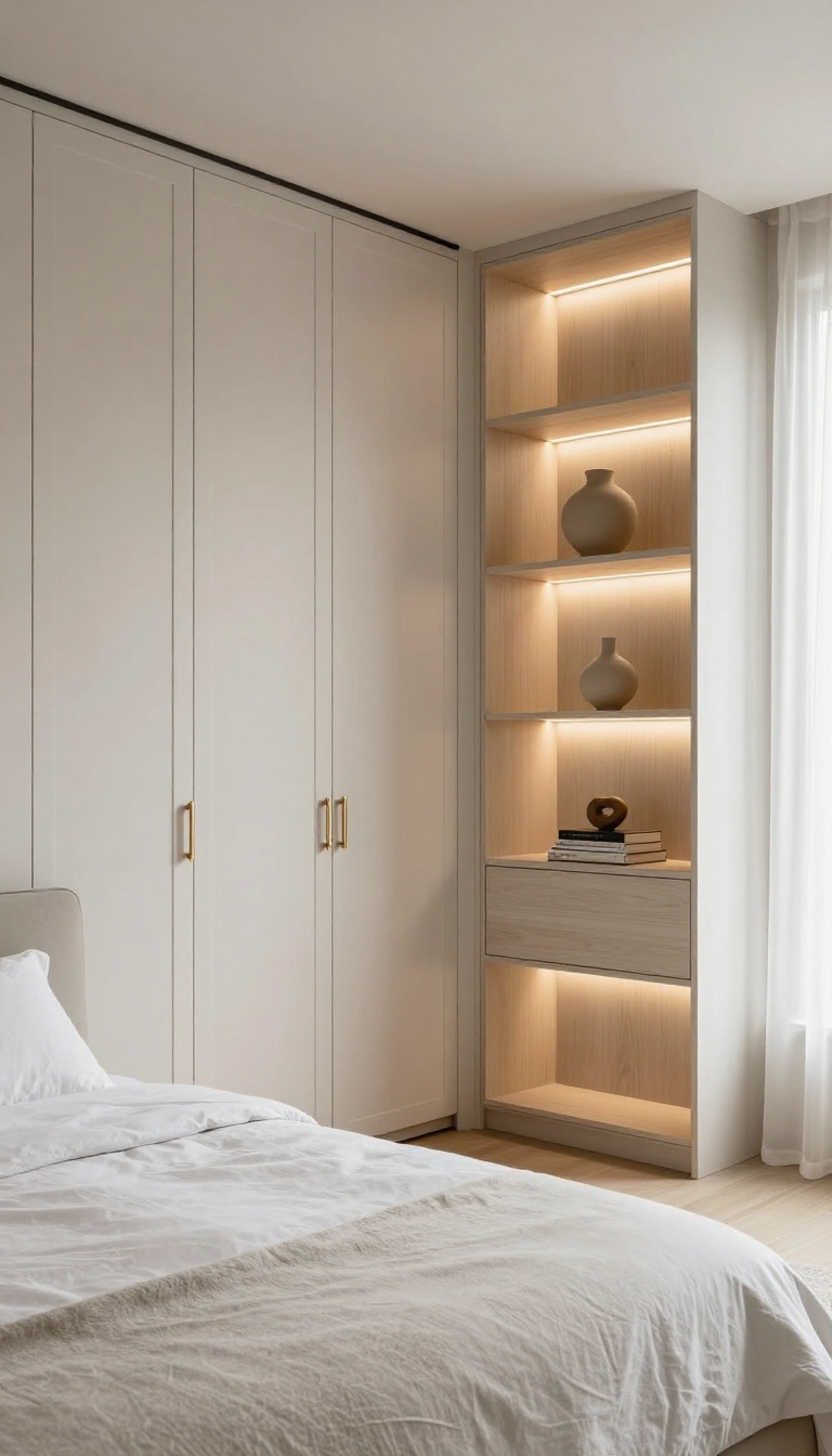 Luxury bedroom with floor-to-ceiling built-in wardrobes and softly lit open shelving styled with a vase, art books, and a small sculpture