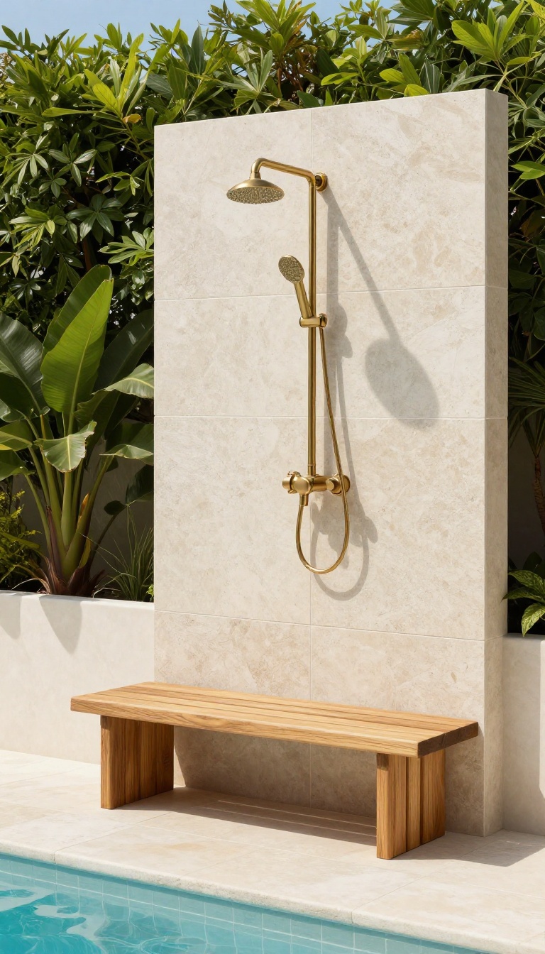 Outdoor pool shower with a built-in teak bench and brass fixtures, surrounded by greenery and a pool.