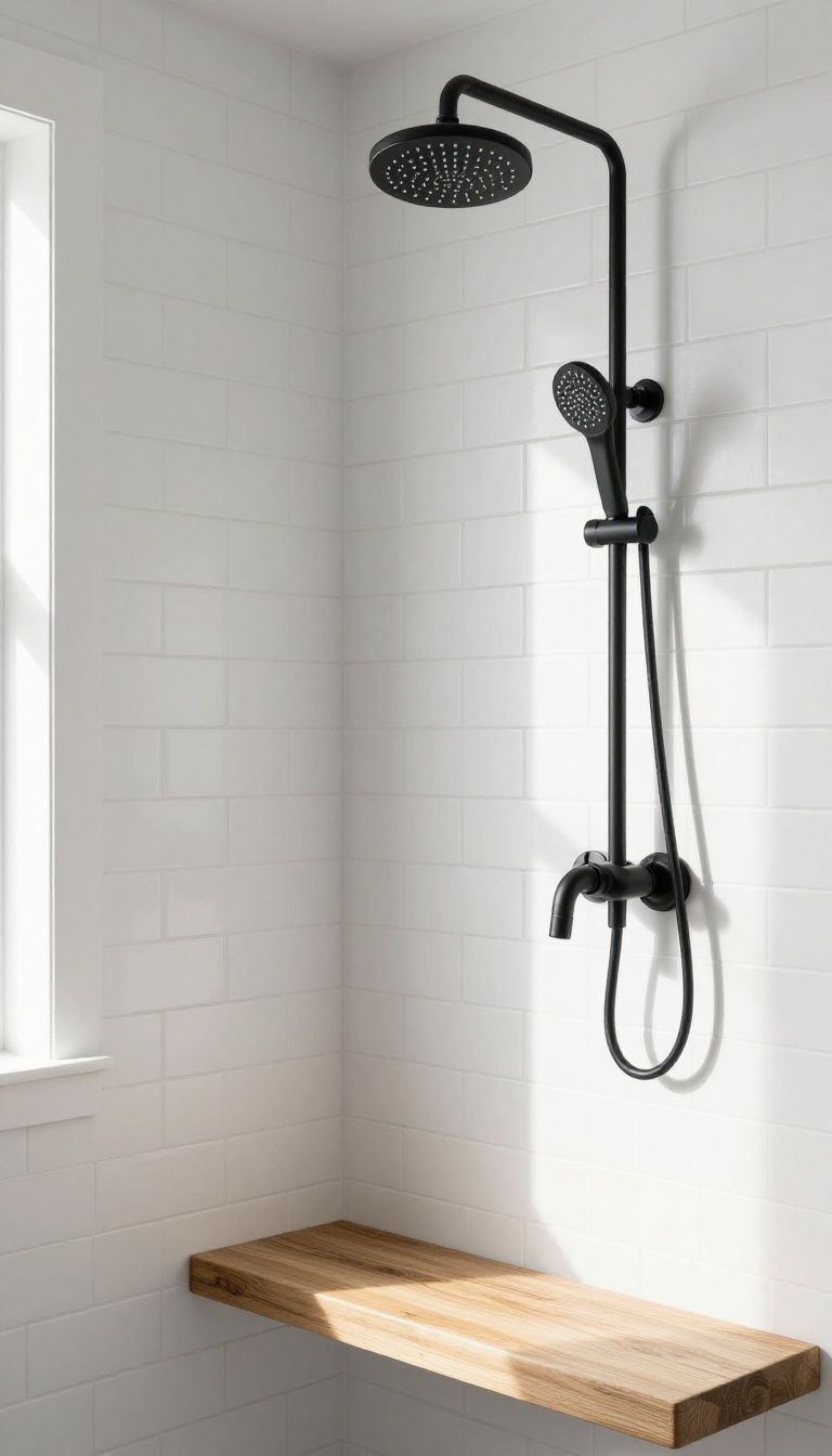 Modern farmhouse shower with black matte fixtures, white subway tile, and warm wood accents
