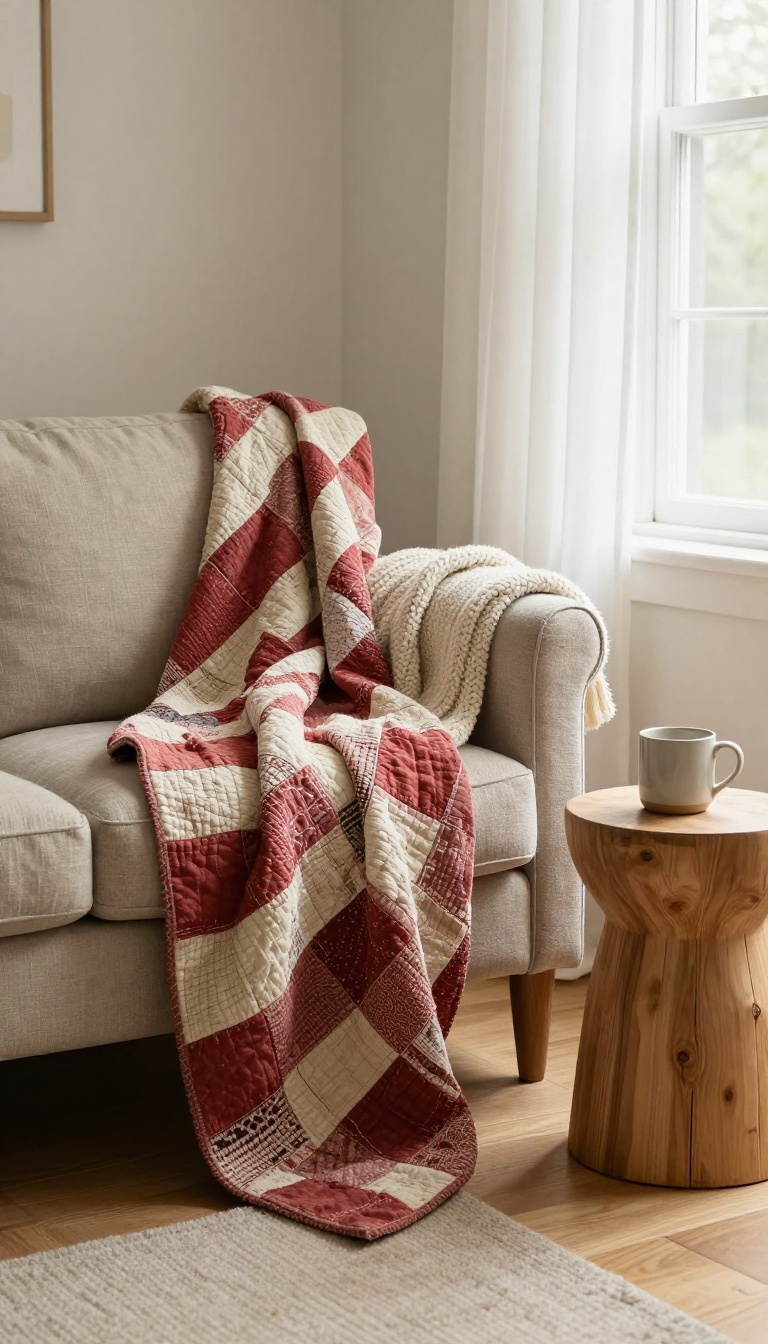 Vintage patchwork quilt draped over a wingback chair beside a sofa with a chunky cream knit throw in a bright country living room