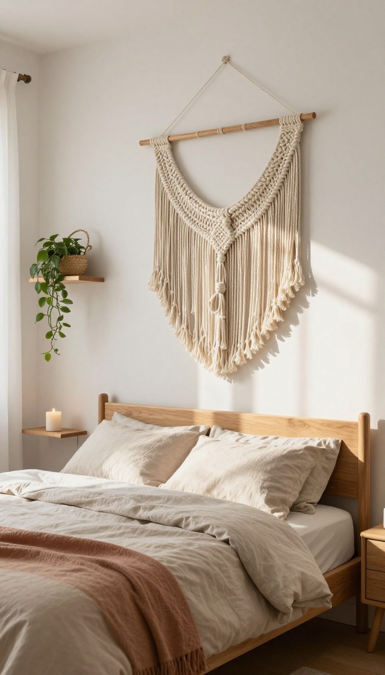 Bright boho bedroom with a large cream macrame wall hanging above a low wooden bed headboard, neutral linen bedding, and a small floating shelf with a candle and trailing plant