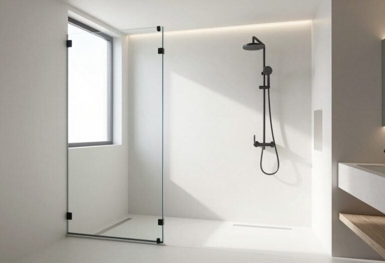 Modern bathroom shower with large white tiles, frameless glass, and matte black fixtures.
