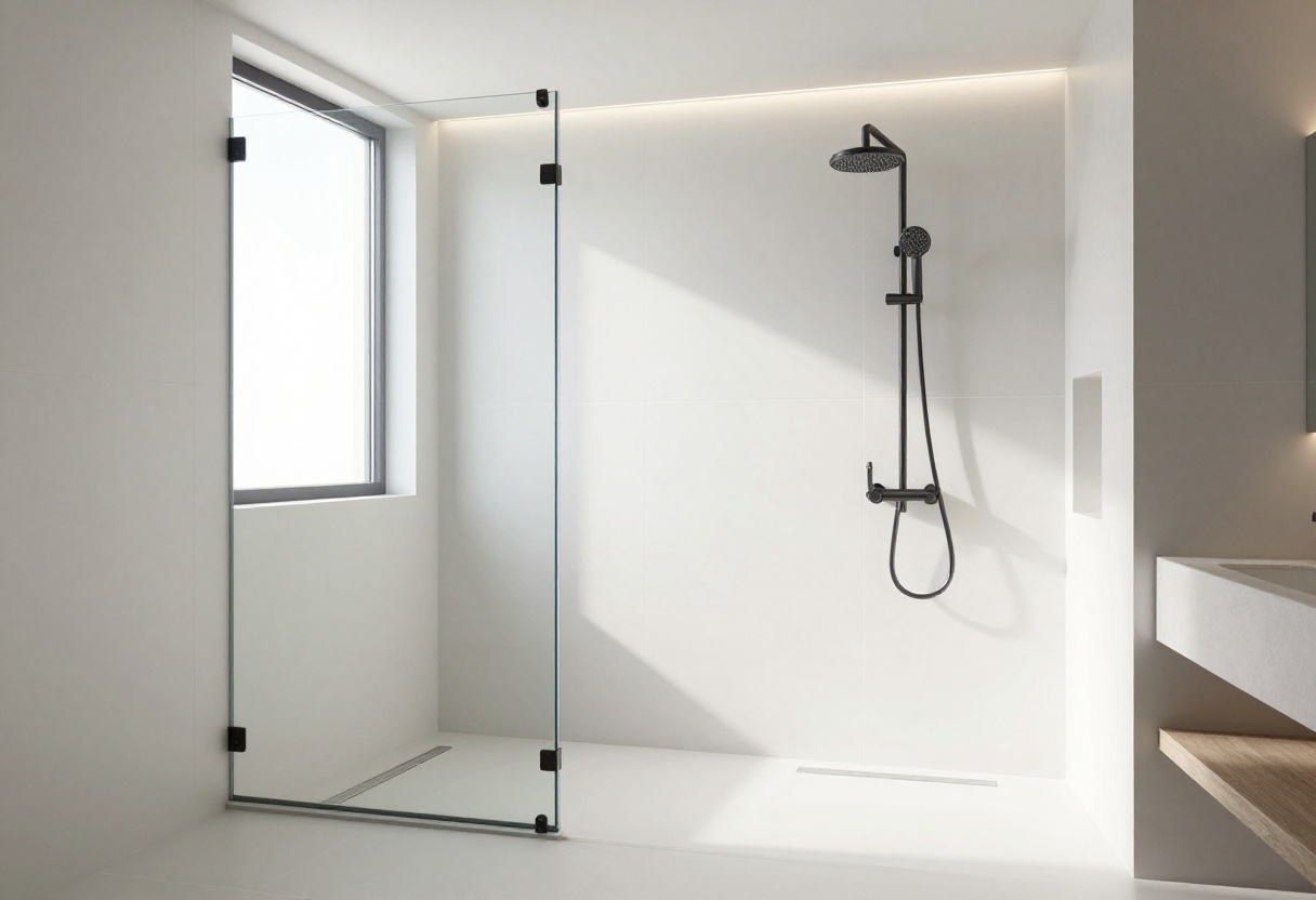 Modern bathroom shower with large white tiles, frameless glass, and matte black fixtures.