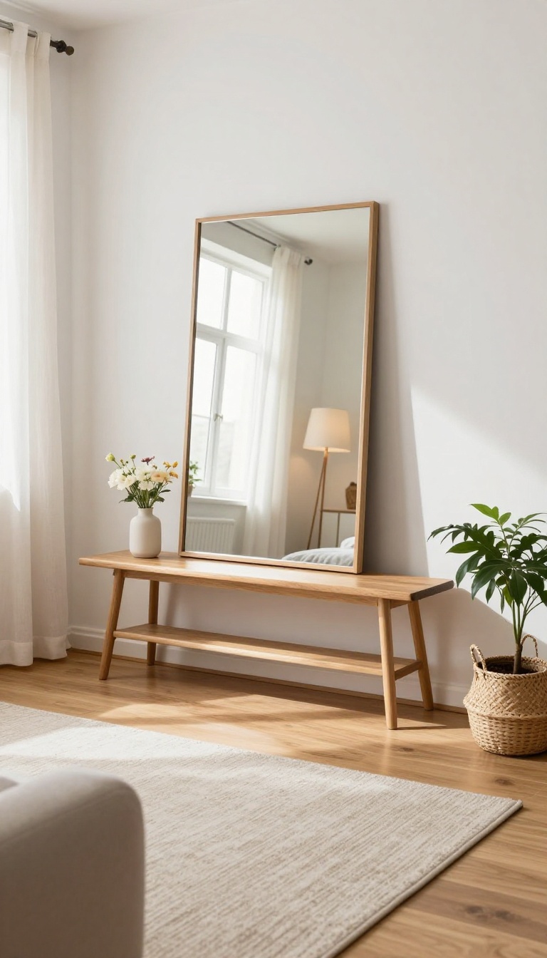 Bright entry living room with a large leaning mirror reflecting sunlight over a slim console table