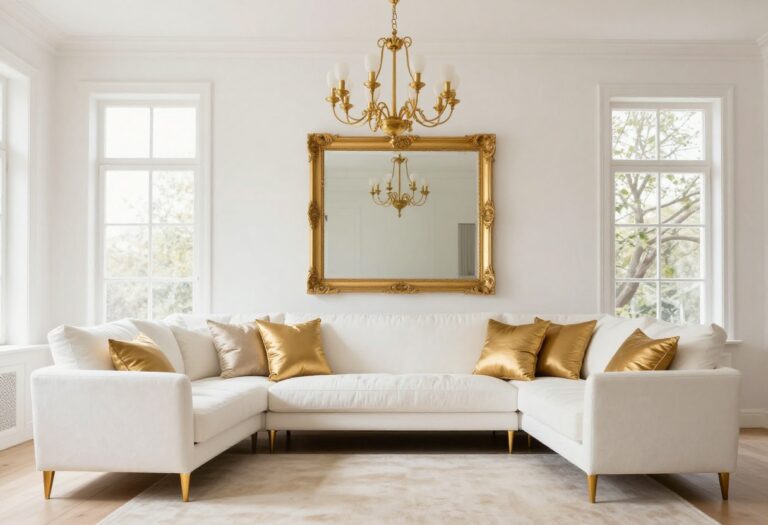 Elegant white and gold living room with a white sofa, gold chandelier, and gold accents.