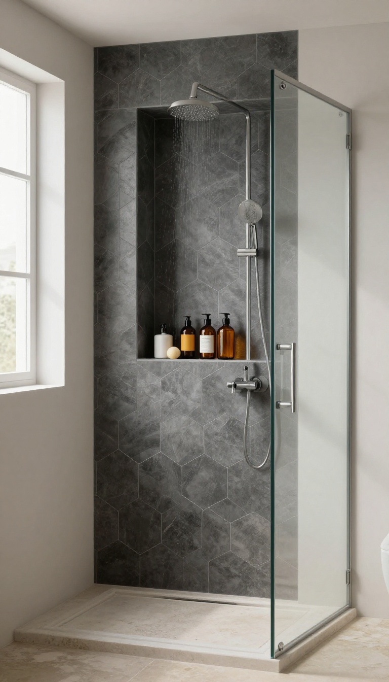Bright basement shower with a recessed tile niche holding shampoo bottles