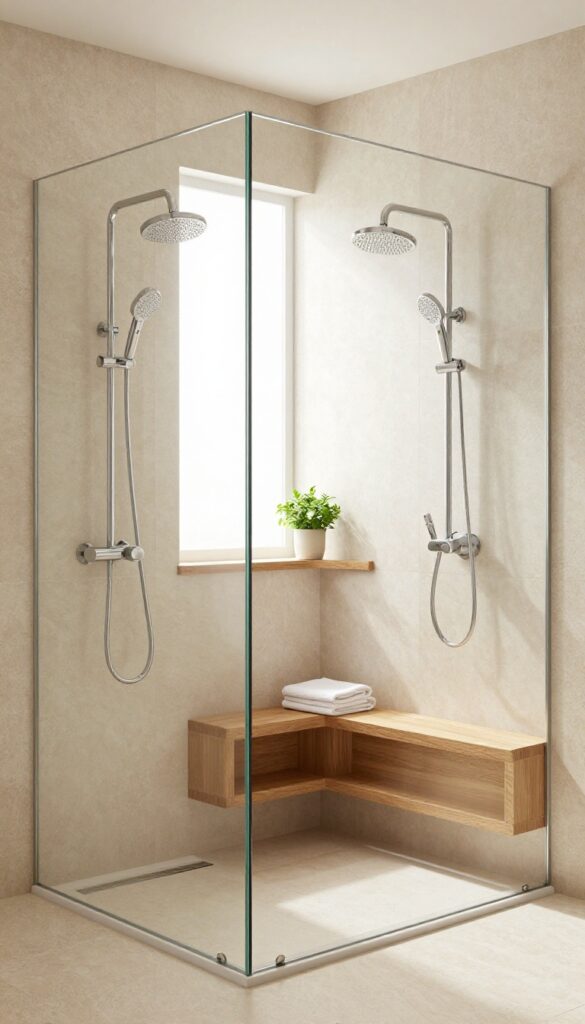 Modern double shower with a built-in teak corner bench, two rainfall showerheads, and natural light.