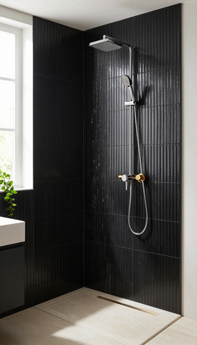 Ribbed black shower tile accent wall with vertical texture catching bright natural light in a modern bathroom