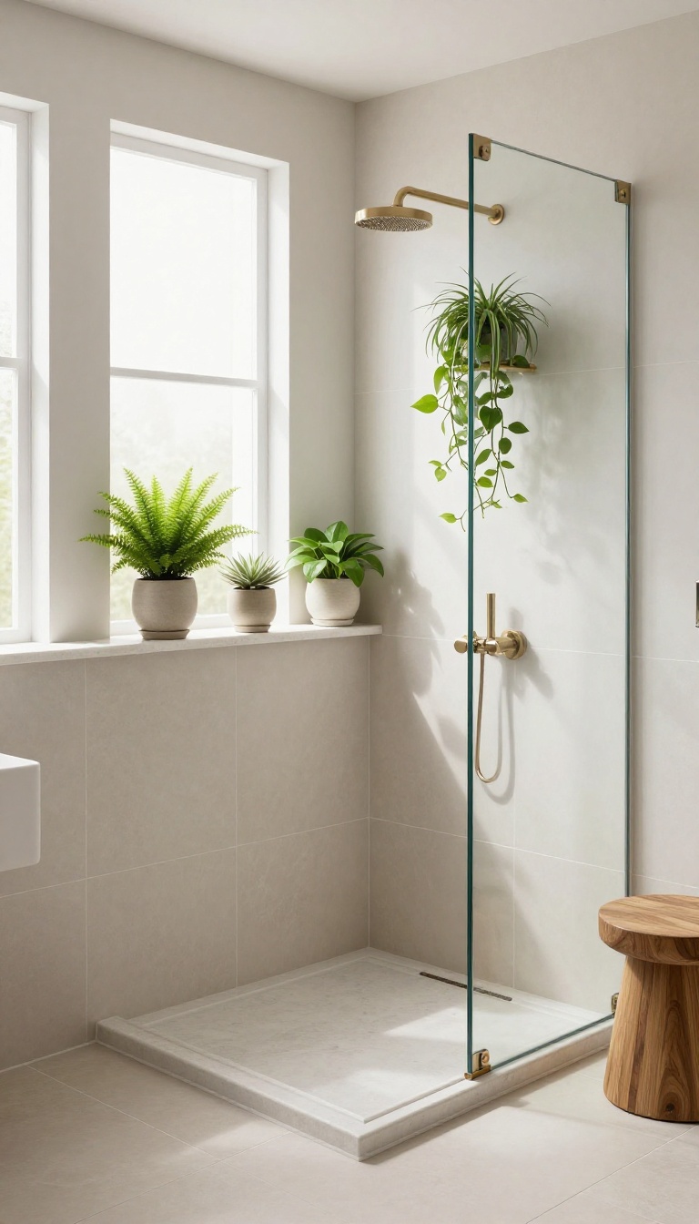 Bright bathroom shower with a half-height tiled knee wall topped by a slim quartz shelf holding small potted ferns, pothos, and a spider plant near a frosted window.