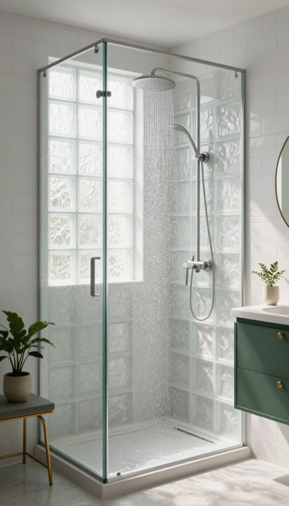 A bright bathroom with a shower featuring decorative glass blocks that allow natural light to filter through, creating a retro and airy feel.