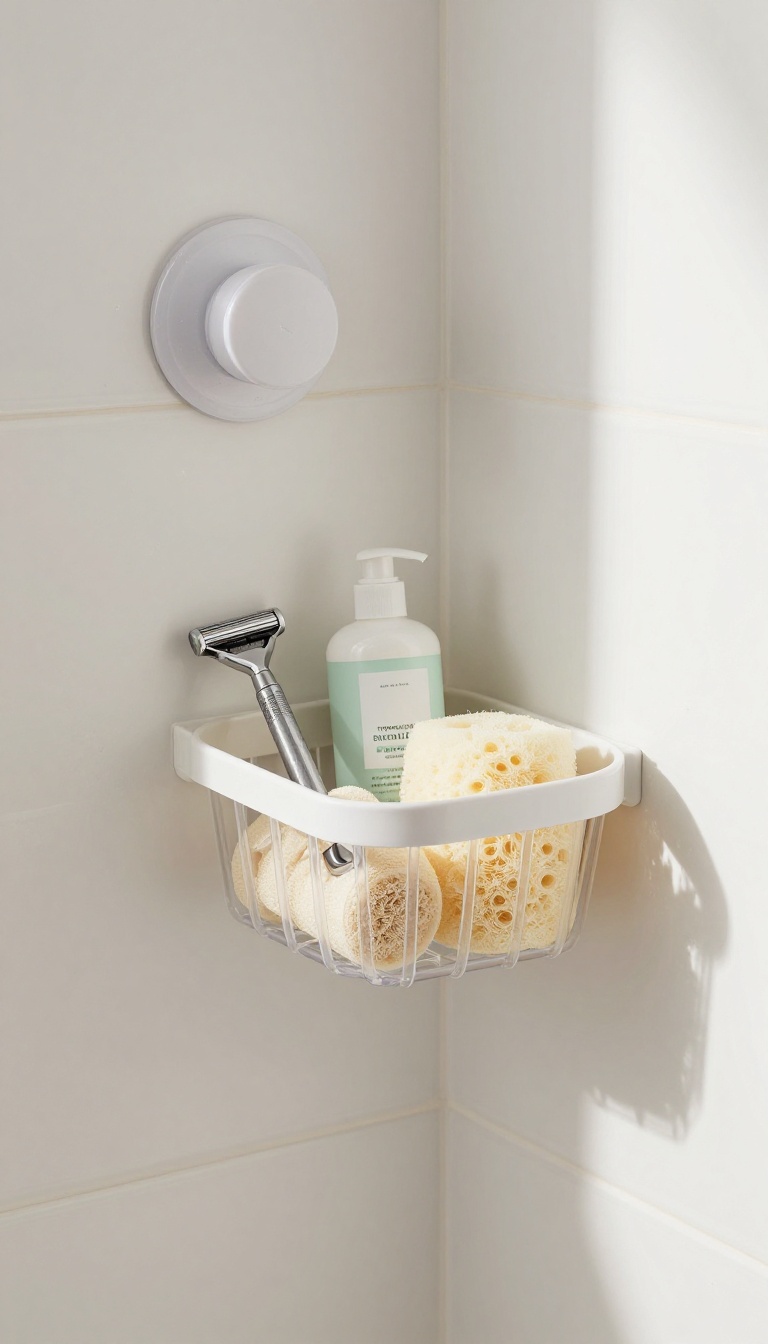 Suction-cup shower basket holding a razor, sponge, loofah, and travel-size bottle on smooth white tile in a bright bathroom