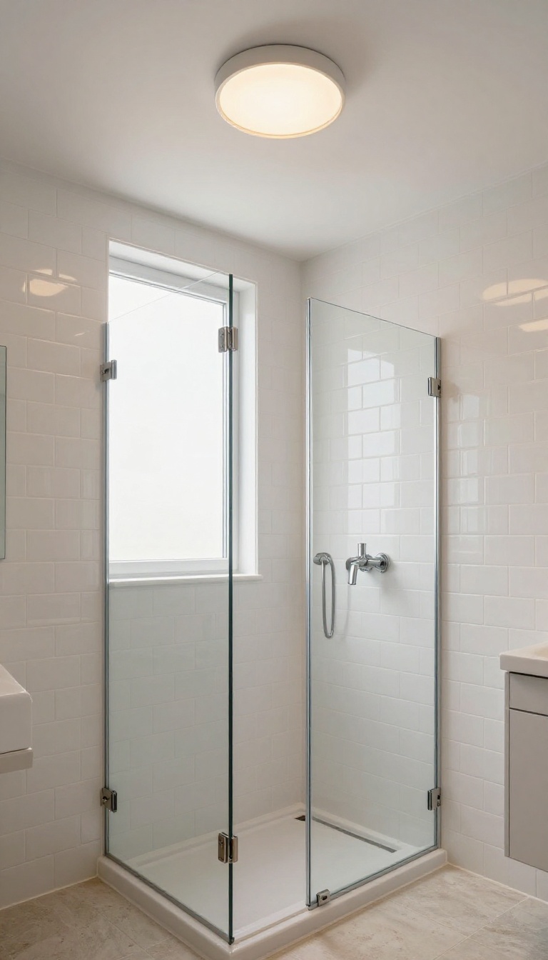 Slim flush mount ceiling light installed flat above a shower in a bright bathroom with white subway tile and a glass door