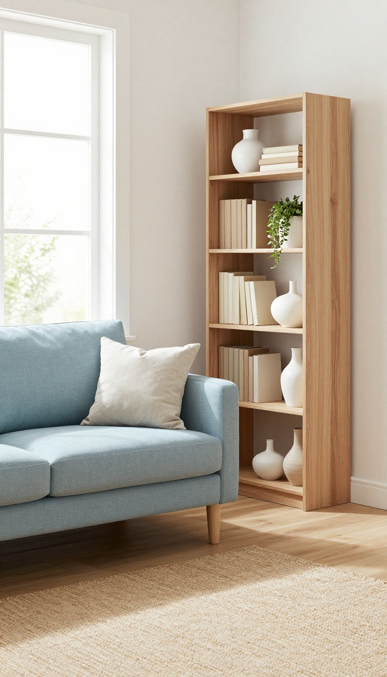Light blue couch in a bright living room next to a wooden bookshelf styled with white vases, pale books, and a small trailing plant in neutral tones