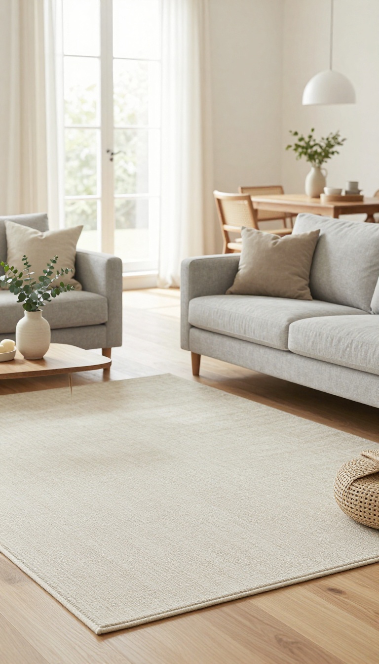 Large navy area rug anchoring a seating zone in a bright open-plan living room with light wood floors