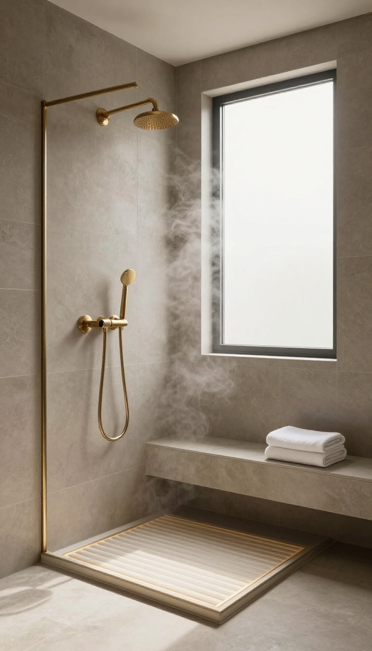 Warm heated tile shower bench with a folded towel in a bright modern bathroom