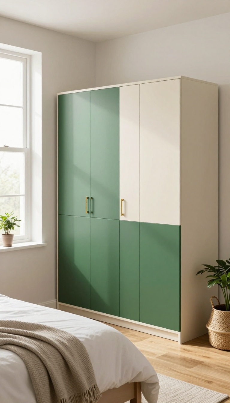 Two-tone color-blocked bedroom wardrobe with deep green lower doors and cream upper doors in a bright neutral bedroom