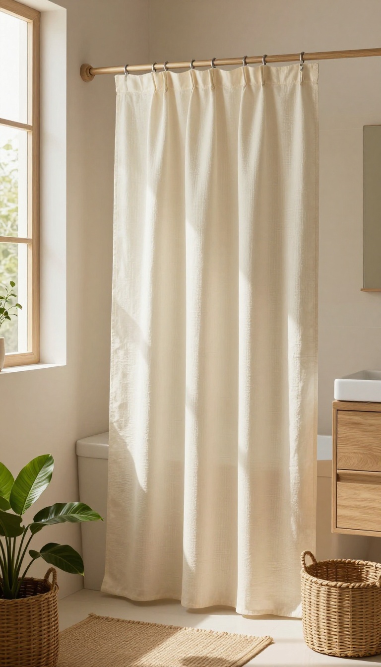 Cream organic cotton shower curtain hanging in soft folds in a bright bathroom with wood and rattan accents