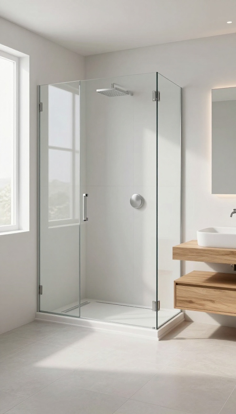Curbless shower with seamless tile floor and linear drain in a bright modern bathroom