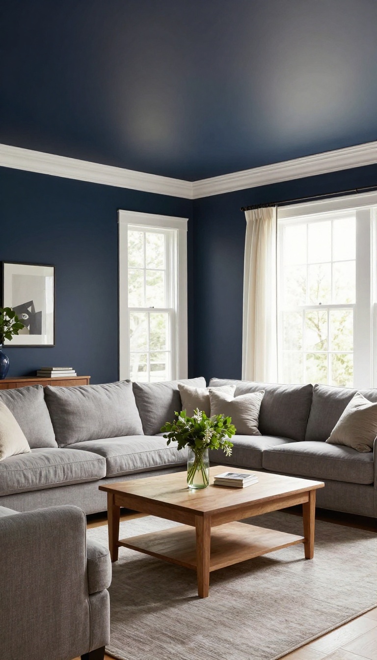 Living room with dark navy ceiling and bright white crown molding creating dramatic contrast, light walls, cozy sofa, and natural daylight