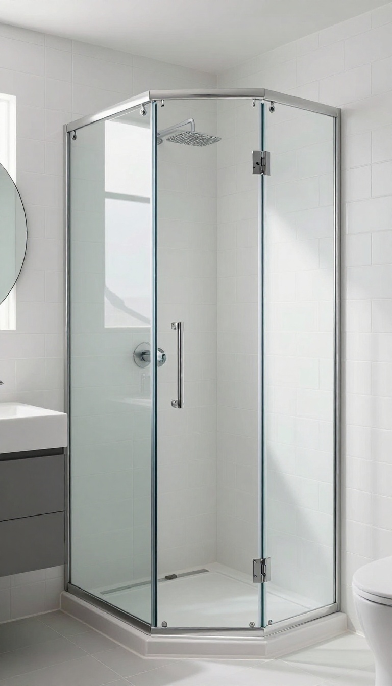 Corner entry glass shower in a compact bathroom with open door, showing space-saving design