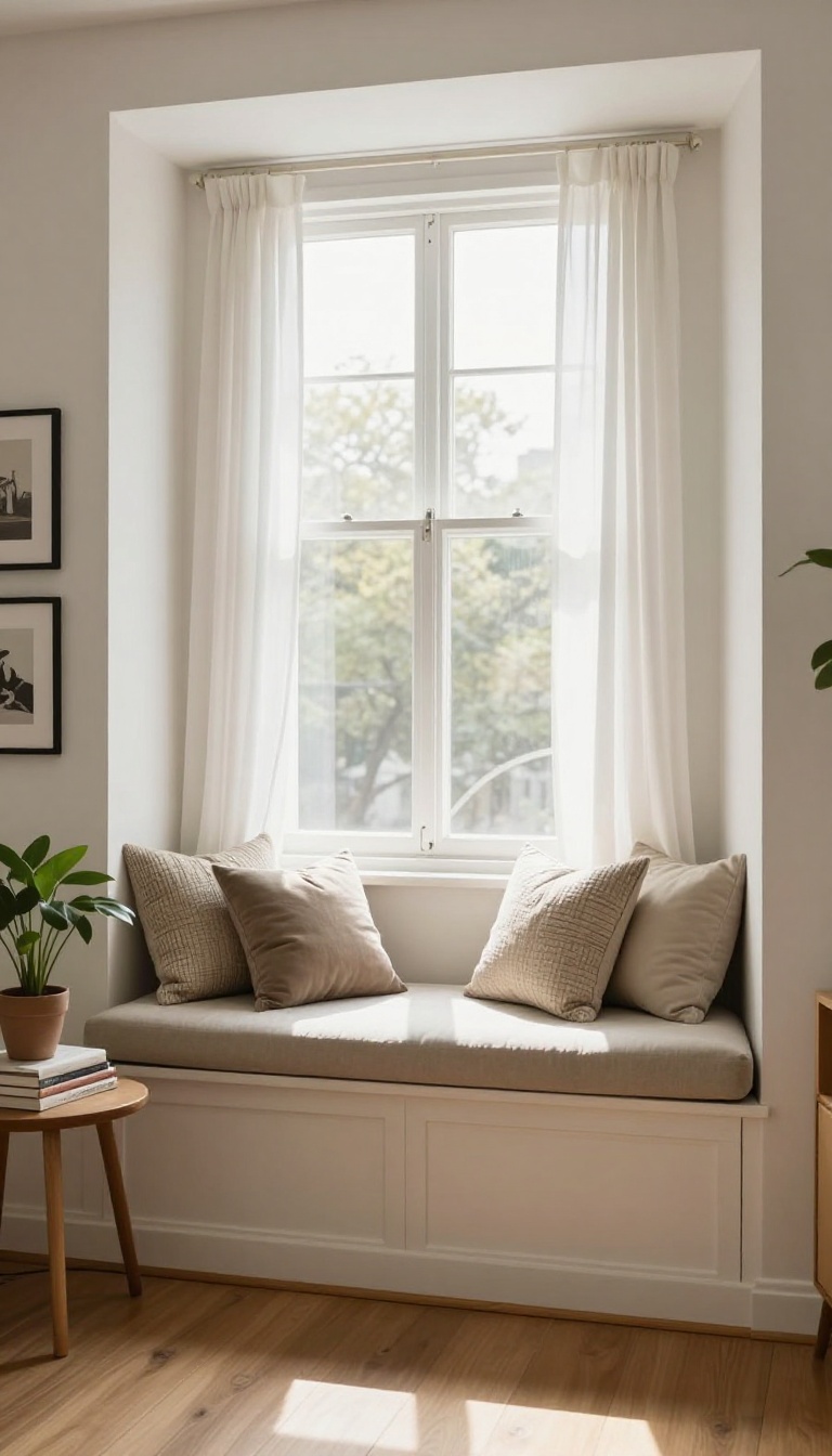 Cozy living room window seat with cushions and a symmetrical gallery wall of framed art above it, bathed in bright natural light