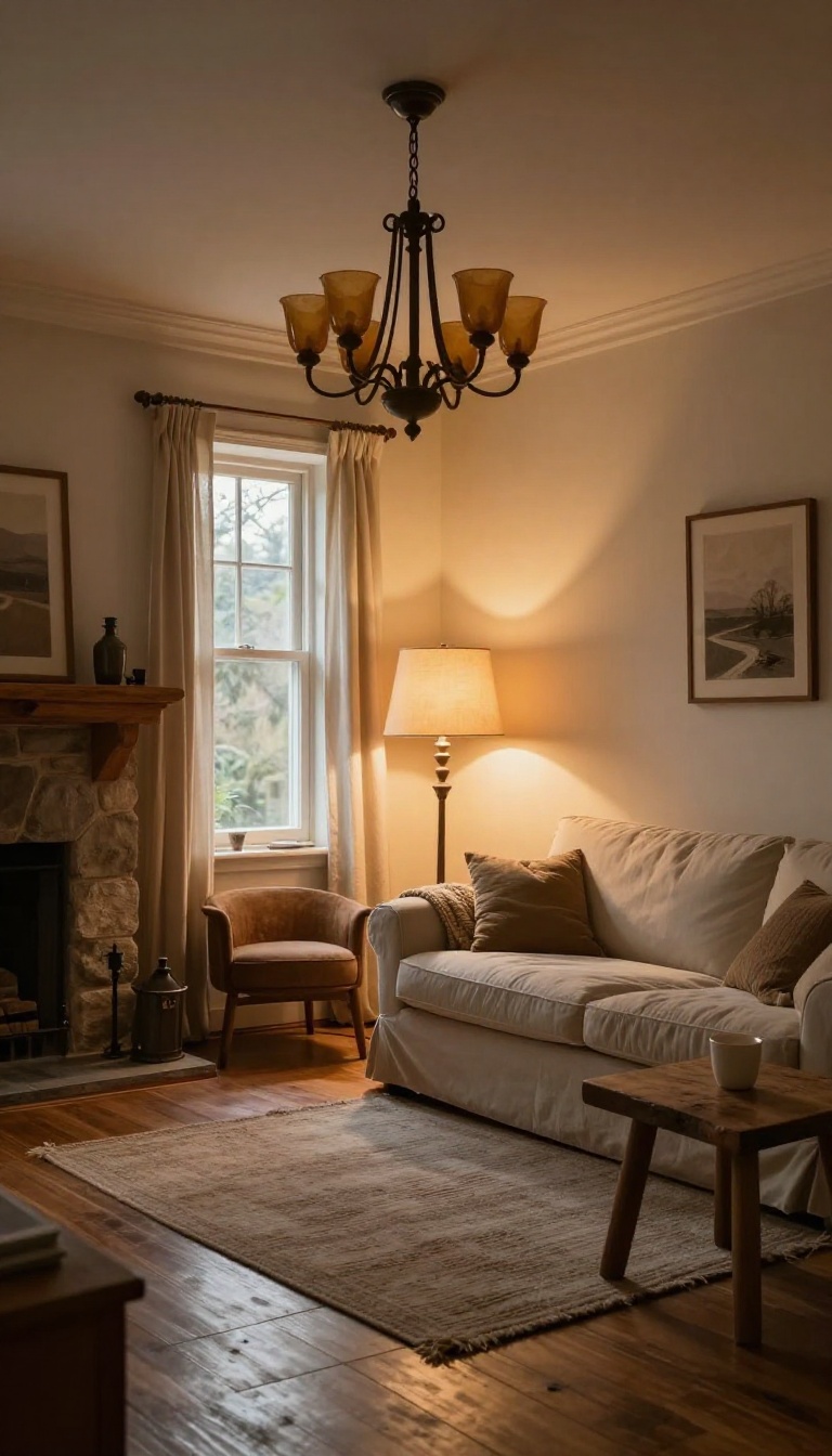 Cozy country living room at dusk with layered lighting from a chandelier, table lamp, and floor lamp creating warm pools of light and soft shadows