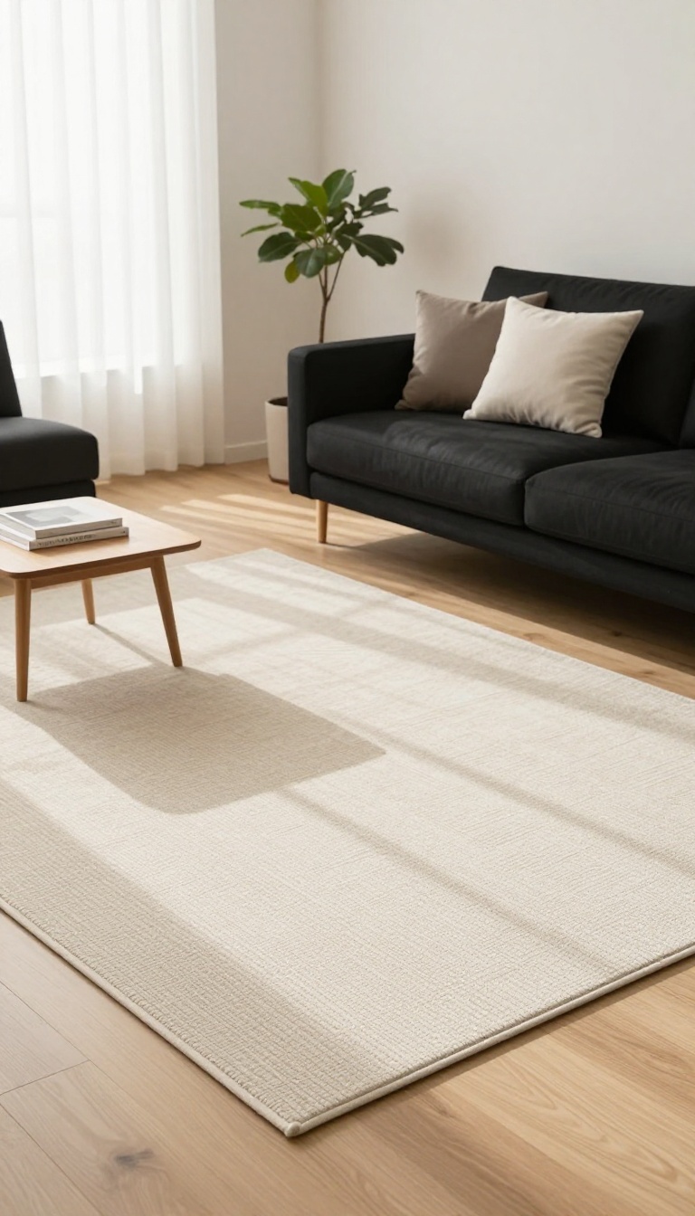 Bright living room with a black couch placed on a large light cream area rug over wood flooring