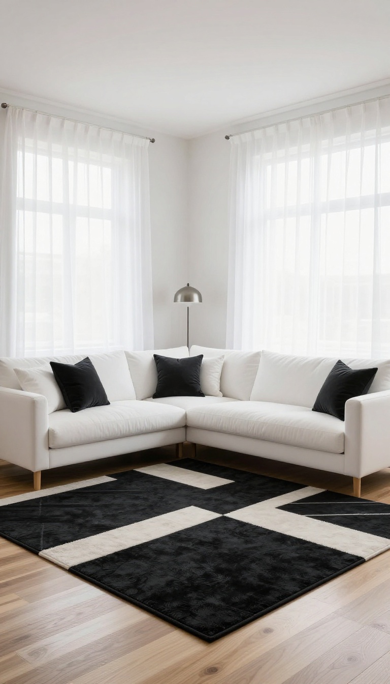 Bright modern living room with a bold black and white geometric chevron rug anchoring a solid black sofa and white armchair under natural light