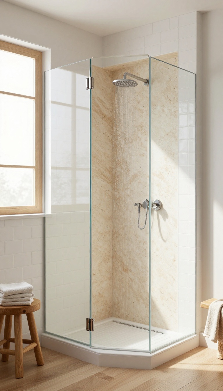 Modern farmhouse shower with a natural stone accent niche, featuring travertine tile back wall, white subway tiles, and light wood accents in bright, natural light.