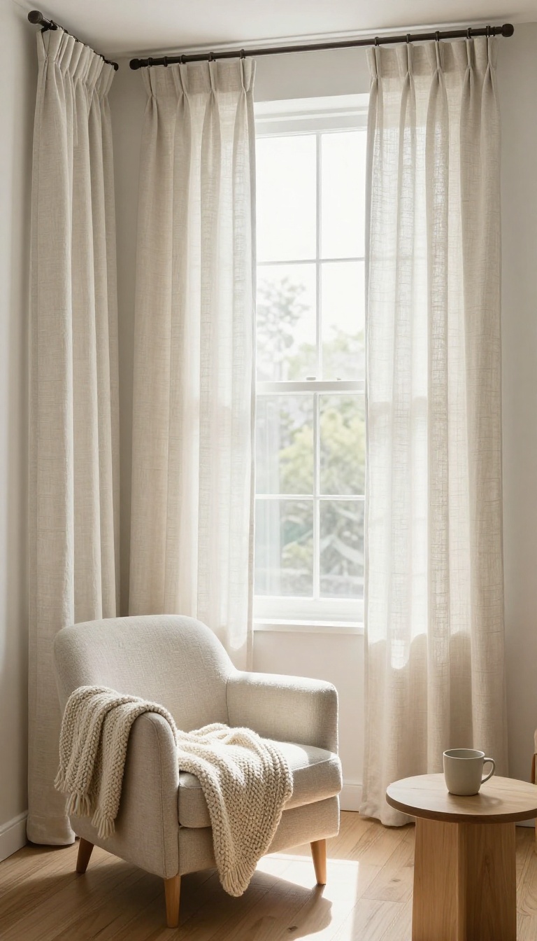 Cozy small living room corner with floor-to-ceiling light curtains hung high and wide near the ceiling, bright natural light, and a snug armchair