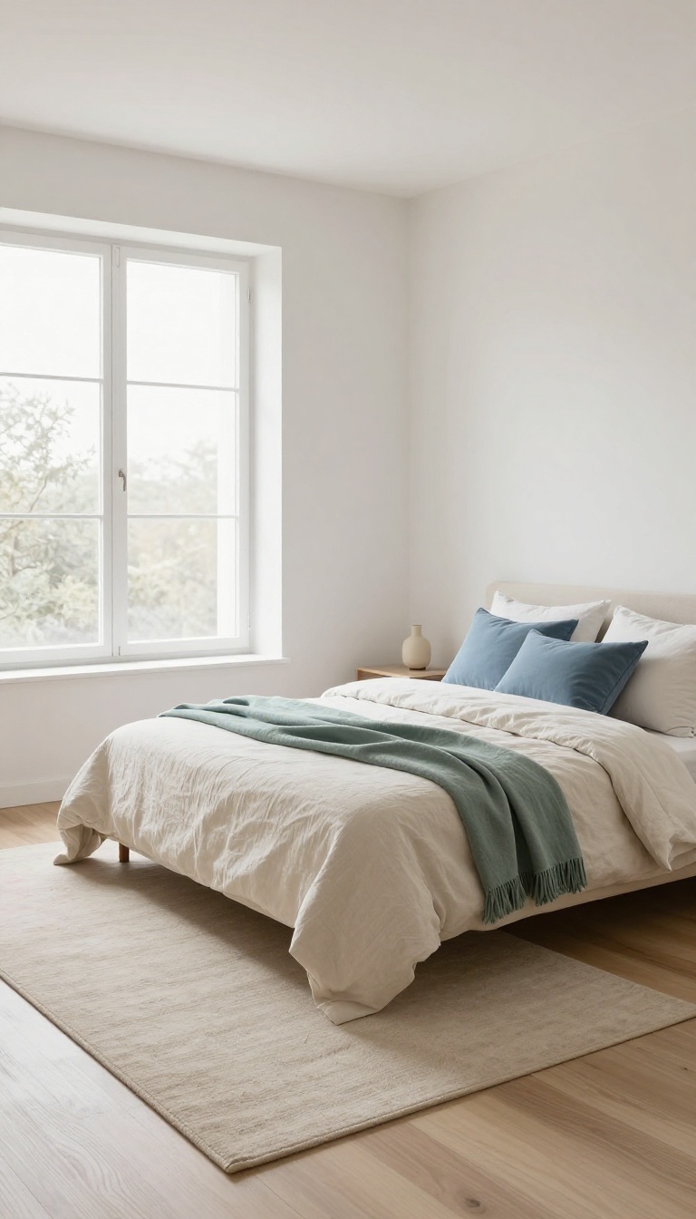Bright small square bedroom with warm white walls, cream bedding, and light neutral decor for an airy feel