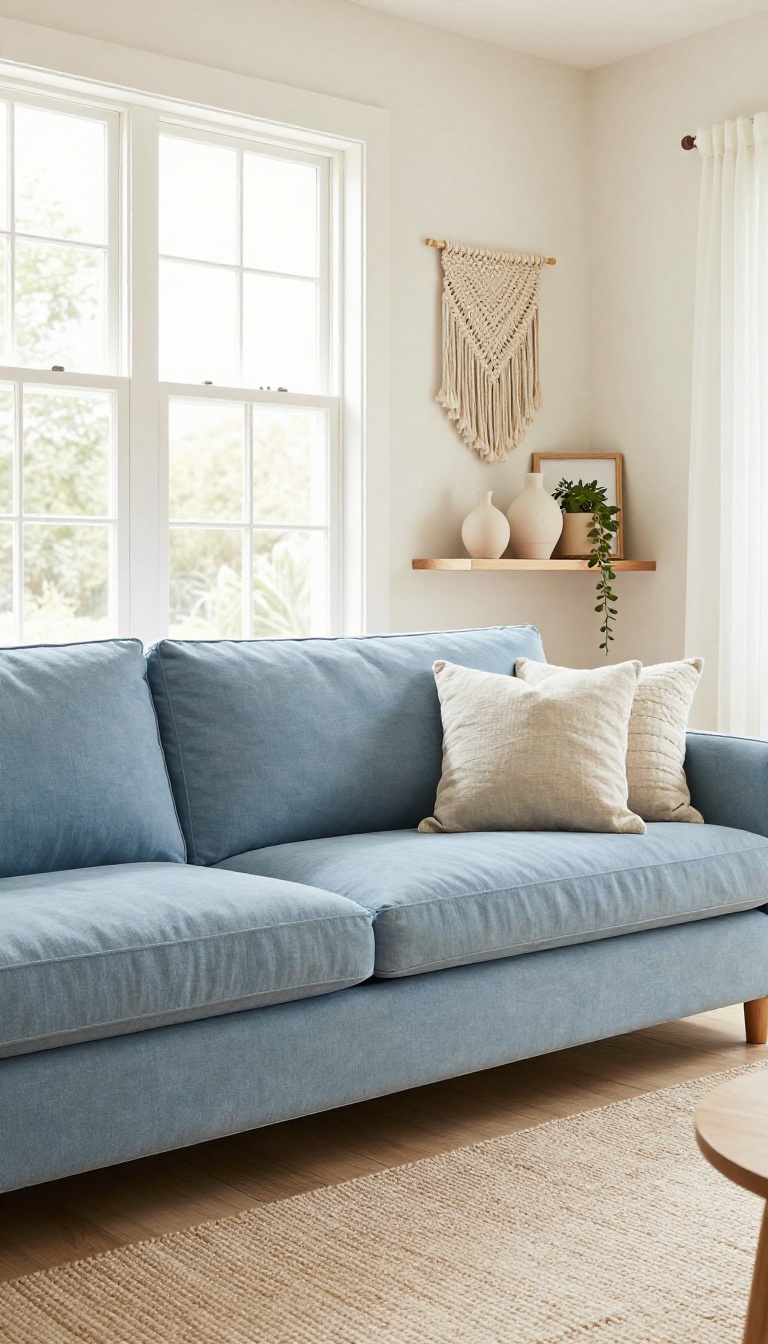 Light blue couch in a bright living room with warm white walls, woven wall hanging, floating wood shelf with ceramics and a trailing plant