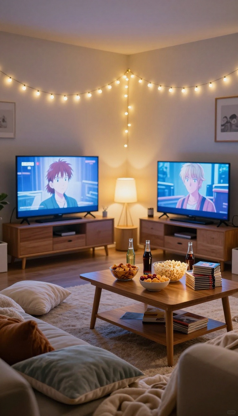 Cozy living room sleepover movie marathon setup with blankets, pillows, snacks, and fairy lights glowing around a television