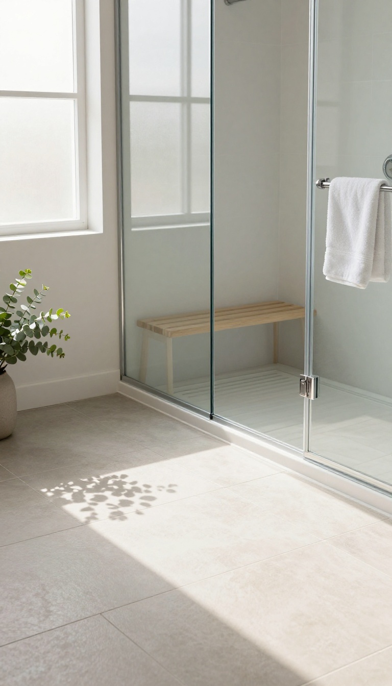 Bright modern bathroom shower stall with warm heated tile flooring and natural morning light