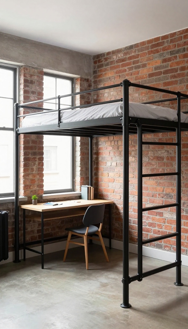 Industrial pipe loft bed in a modern boys' bedroom with a desk underneath and bright natural light