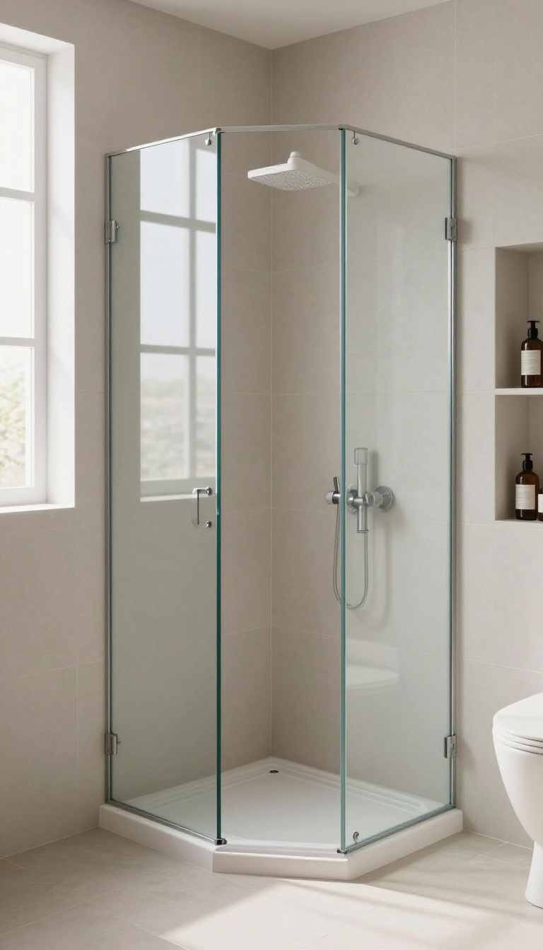 Bright small bathroom with a corner shower featuring an angled glass panel, low-profile base, and tall vertical storage niche