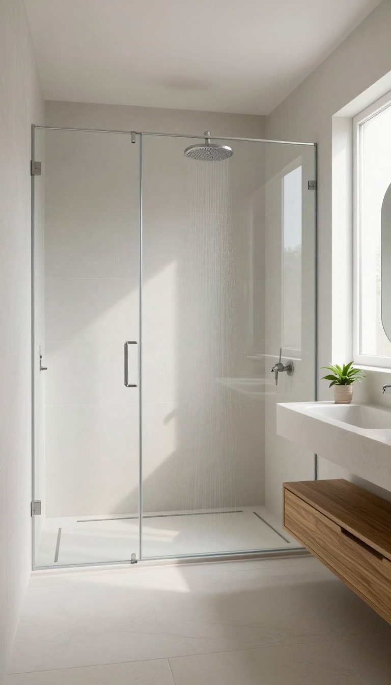 Curbless walk-in shower with seamless tile floor and linear drain in a modern bathroom