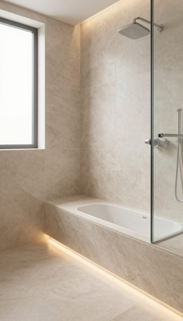 Modern bathroom with a heated stone shower bench glowing warmly, surrounded by natural stone tiles and a glass enclosure, bright and spa-like.