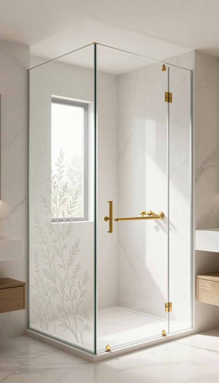 Modern bathroom with custom etched glass shower door featuring delicate vine pattern, allowing soft light while providing privacy.