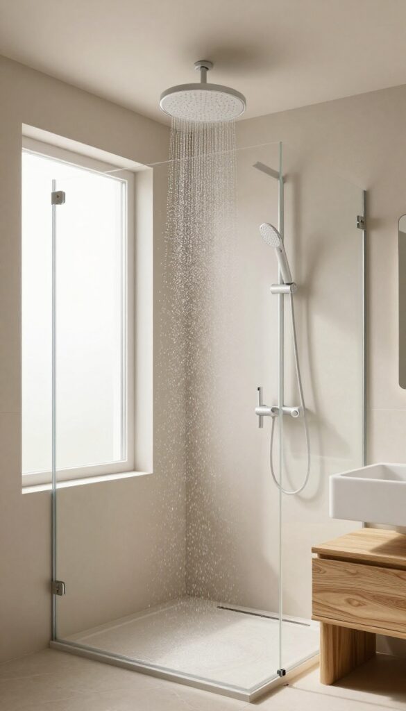 Modern bathroom with a rainfall showerhead that has a built-in water filtration system, showing clear water droplets falling in a bright, clean space.