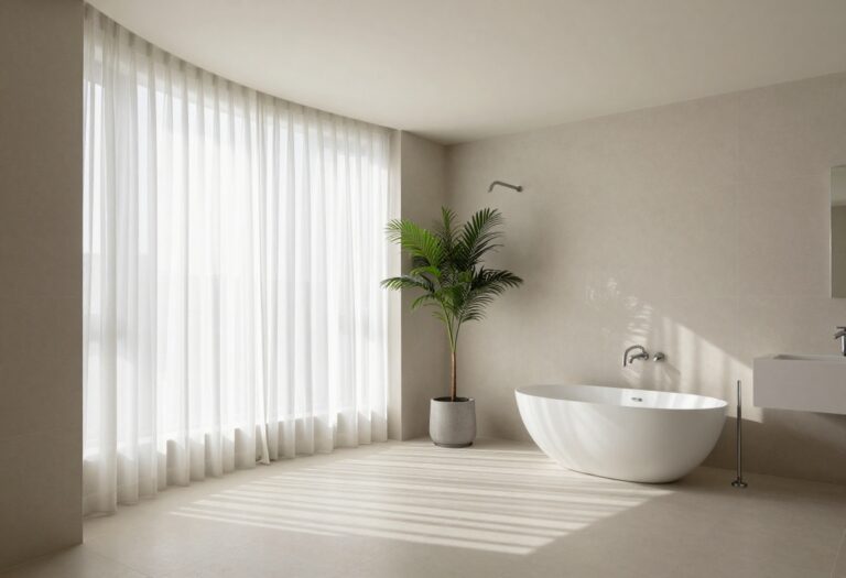 Walk-in shower with a sheer white curtain and modern fixtures in a bright bathroom
