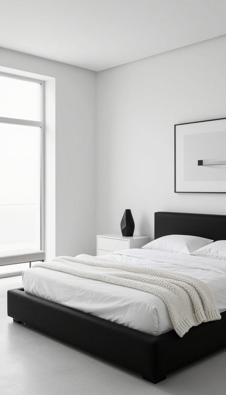 Minimalist black and white bedroom with a low-profile platform bed, clean-lined furniture, and bright natural light