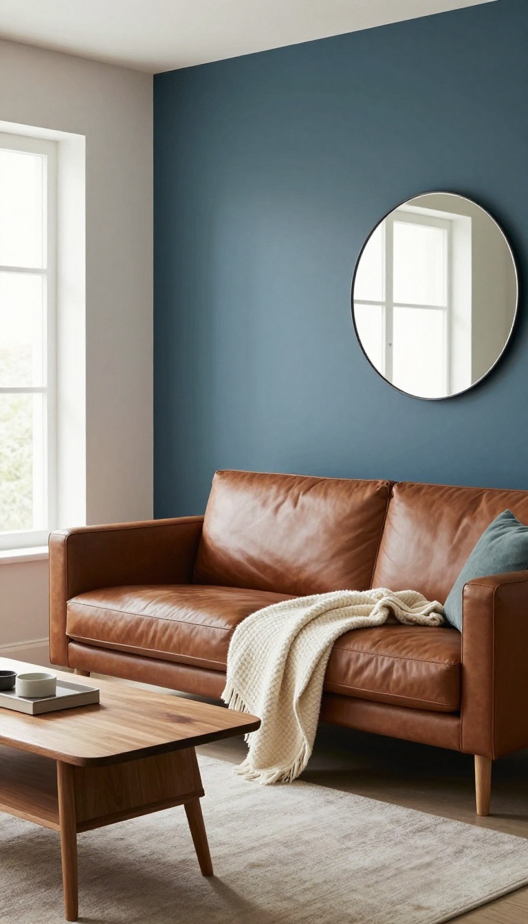 Deep teal accent wall behind a brown leather sofa in a bright modern living room with warm wood furniture, a cream throw, and a round mirror.