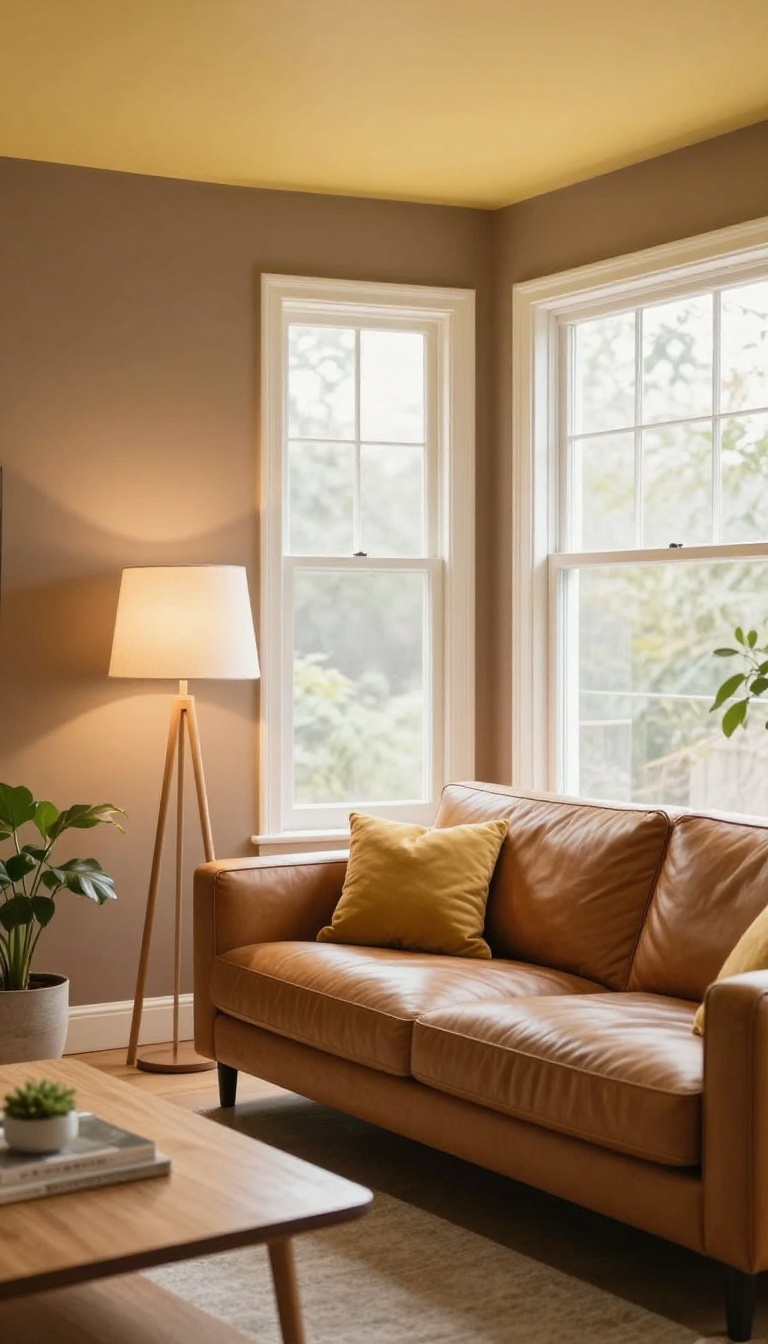 Cozy living room with rich brown walls and a soft buttery yellow ceiling glowing in warm natural light