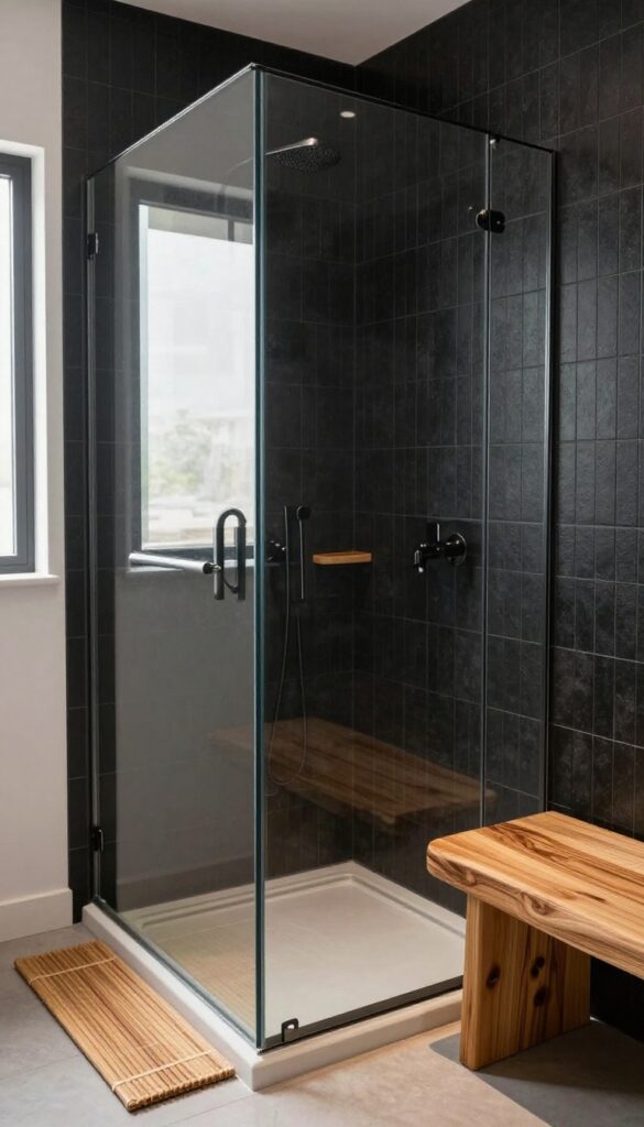 Black walk-in shower with warm teak bench and wood accents, creating a spa-like contrast.