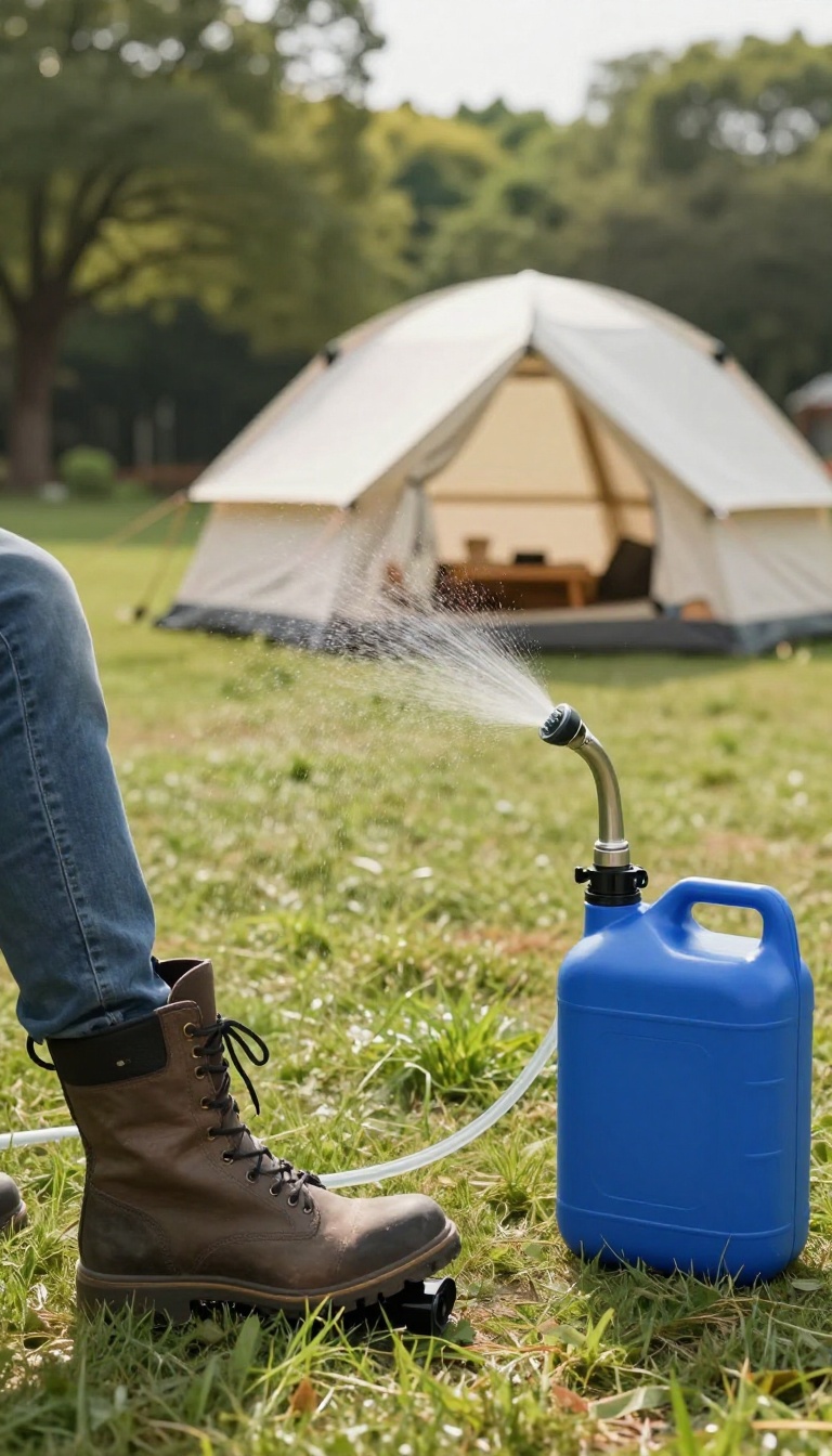 Camping shower setup with a foot pump pressurizing a water container